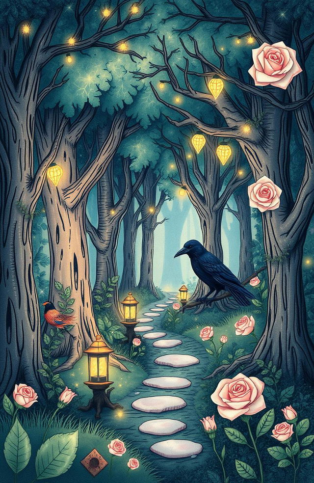 A whimsical magical forest setting, rich in enchanting details, featuring hidden symbolism of a raven and a rose