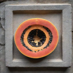 Square Mayan glyph featuring an open papaya in the center, showcasing the vibrant color and seeds of the fruit within the worn stone