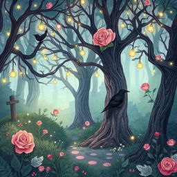 A whimsical magical forest inspired by 'The Raven and the Rose' by A