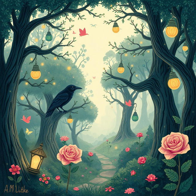 A whimsical magical forest inspired by 'The Raven and the Rose' by A