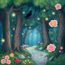 A whimsical magical forest inspired by 'The Raven and the Rose' by A
