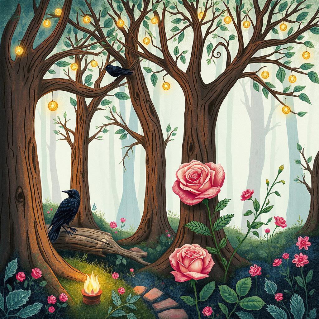 A whimsical magical forest inspired by 'The Raven and the Rose' by A