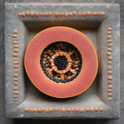 Square Mayan glyph featuring an open papaya in the center, showcasing the vibrant color and seeds of the fruit within the worn stone