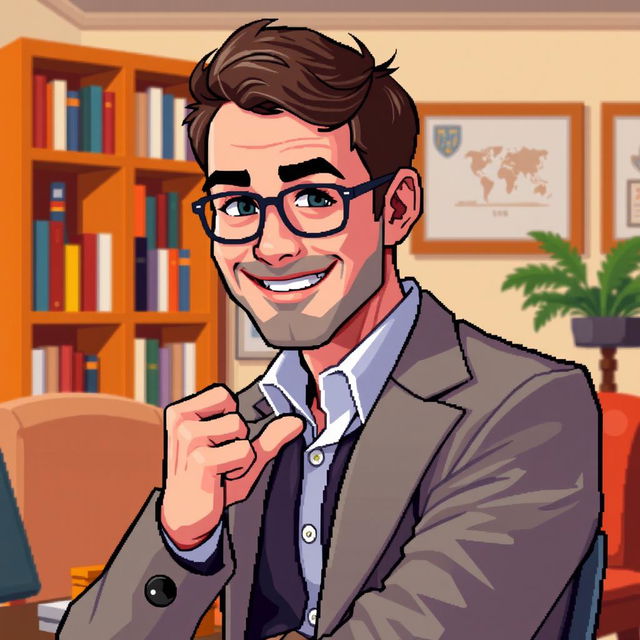 A pixel art depiction of a male psychologist striking a pose, showcasing confidence and approachability