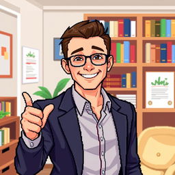 A pixel art depiction of a male psychologist striking a pose, showcasing confidence and approachability
