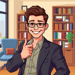 A pixel art depiction of a male psychologist striking a pose, showcasing confidence and approachability