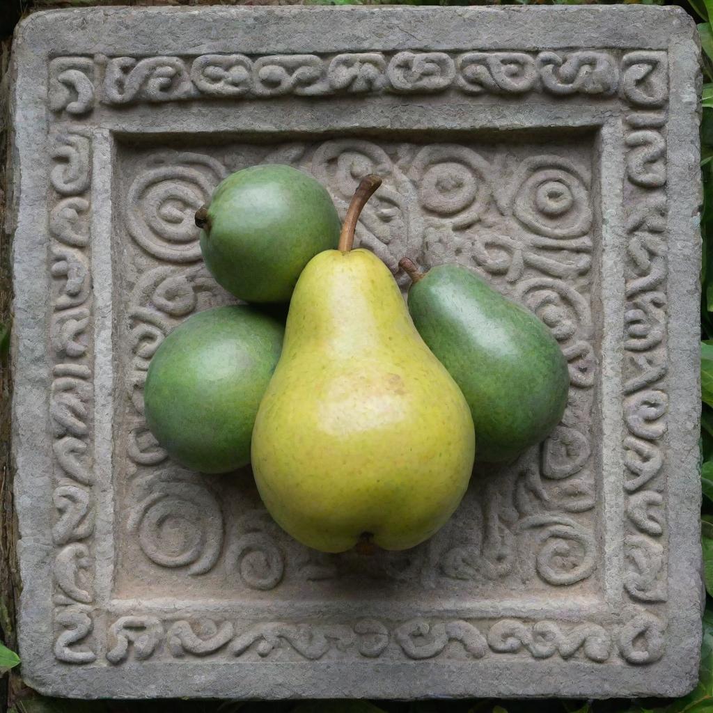 A square Mayan glyph with a ripe pear in the center, contrasting the ancient stone carvings with the lush green of the fruit