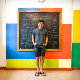 A relaxed scene featuring a person standing in front of a chalkboard, casually dressed and wearing sandals