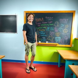 A relaxed scene featuring a person standing in front of a chalkboard, casually dressed and wearing sandals