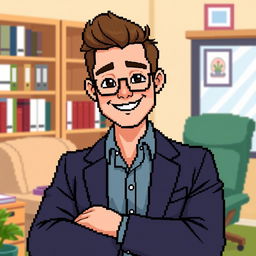 A pixel art illustration of a male psychologist posing confidently, with a warm and inviting smile