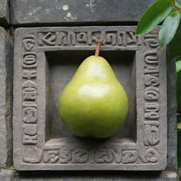 A square Mayan glyph with a ripe pear in the center, contrasting the ancient stone carvings with the lush green of the fruit