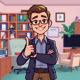 A pixel art illustration of a male psychologist posing confidently, with a warm and inviting smile