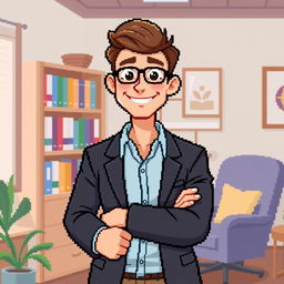 A pixel art illustration of a male psychologist posing confidently, with a warm and inviting smile