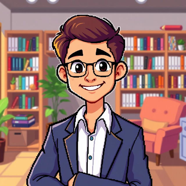 A pixel art illustration of a male psychologist posing confidently, with a warm and inviting smile