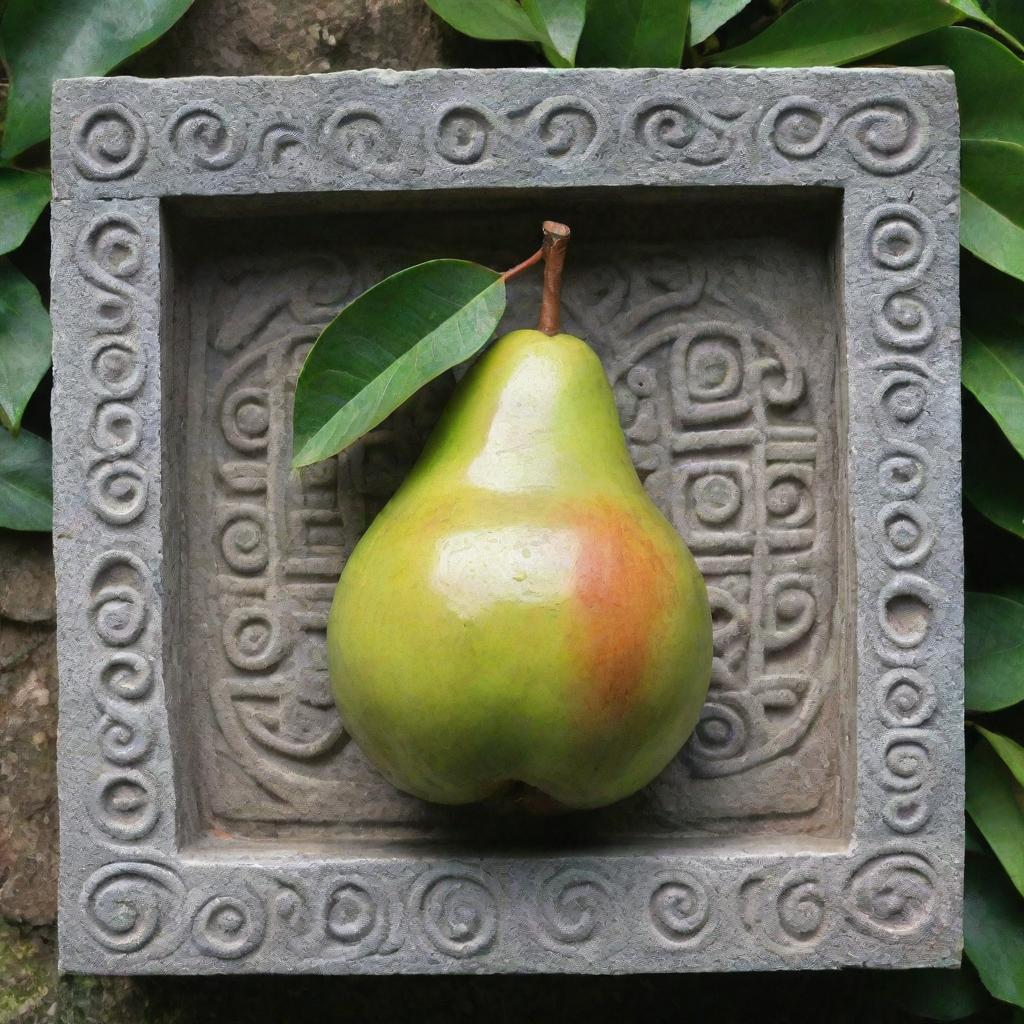 A square Mayan glyph with a ripe pear in the center, contrasting the ancient stone carvings with the lush green of the fruit