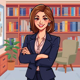 A pixel art illustration of a female psychologist posing with her arms crossed, exuding confidence and professionalism