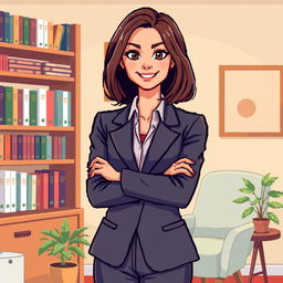 A pixel art illustration of a female psychologist posing with her arms crossed, exuding confidence and professionalism