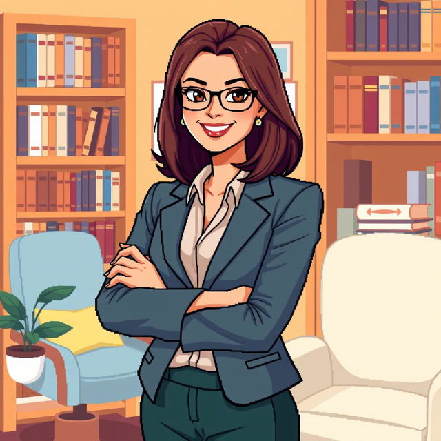 A pixel art illustration of a female psychologist posing with her arms crossed, exuding confidence and professionalism