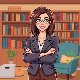 A pixel art illustration of a female psychologist posing with her arms crossed, exuding confidence and professionalism