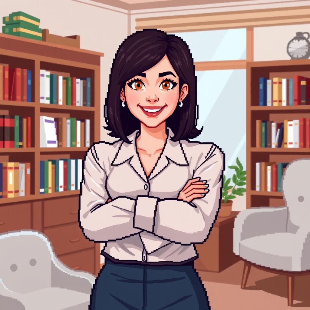 A pixel art representation of a female psychologist posing with her arms crossed confidently