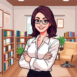 A pixel art representation of a female psychologist posing with her arms crossed confidently