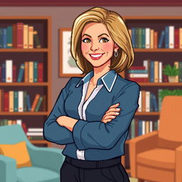 A pixel art representation of a female psychologist posing with her arms crossed confidently