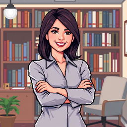 A pixel art representation of a female psychologist posing with her arms crossed confidently