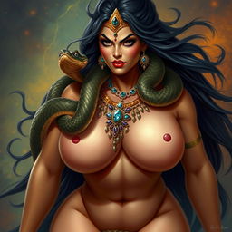 A portrayal of the goddess Mayara Raesamee, featuring a large snake wrapped around her neck