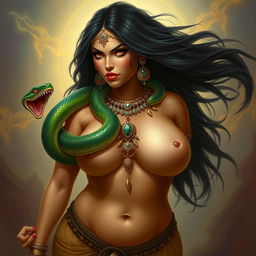 A portrayal of the goddess Mayara Raesamee, featuring a large snake wrapped around her neck