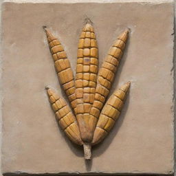 Square Mayan glyph depicting an ear of corn, authentically carved into weathered stone in a detail-rich ancient style