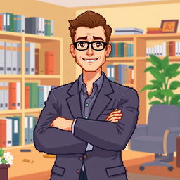 A pixel art representation of a male psychologist posing with his arms crossed confidently