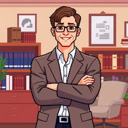 A pixel art representation of a male psychologist posing with his arms crossed confidently