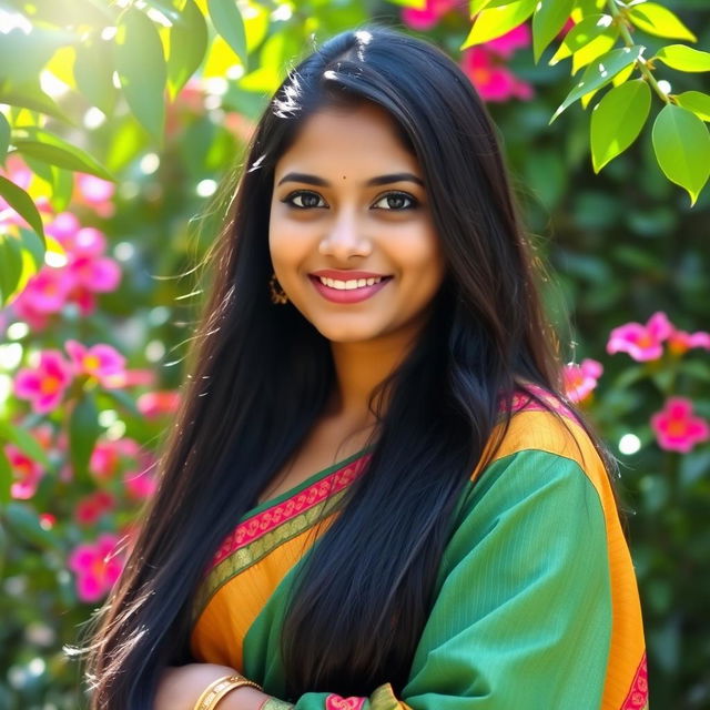 A portrait of a young Indian woman with long black hair, wearing a traditional colorful saree