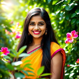 A portrait of a young Indian woman with long black hair, wearing a traditional colorful saree