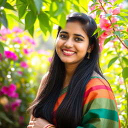 A portrait of a young Indian woman with long black hair, wearing a traditional colorful saree