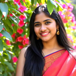 A portrait of a young Indian woman with long black hair, wearing a traditional colorful saree