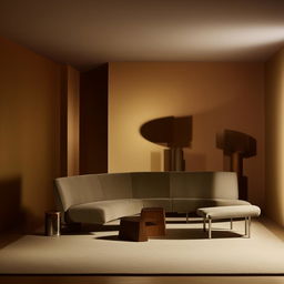 A modern living room featuring sleek, minimalistic furniture in monochromatic tones, illuminated by warm, ambient light.