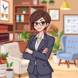A pixel art design of a female psychologist standing with her arms crossed in a confident pose