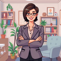 A pixel art design of a female psychologist standing with her arms crossed in a confident pose