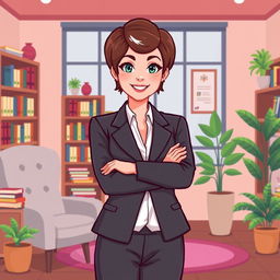 A pixel art design of a female psychologist standing with her arms crossed in a confident pose