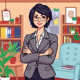 A pixel art design of a female psychologist standing with her arms crossed in a confident pose