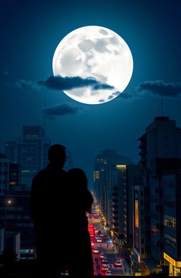 In a vibrant inner city at night, featuring an expansive skyline illuminated by streetlights and windows