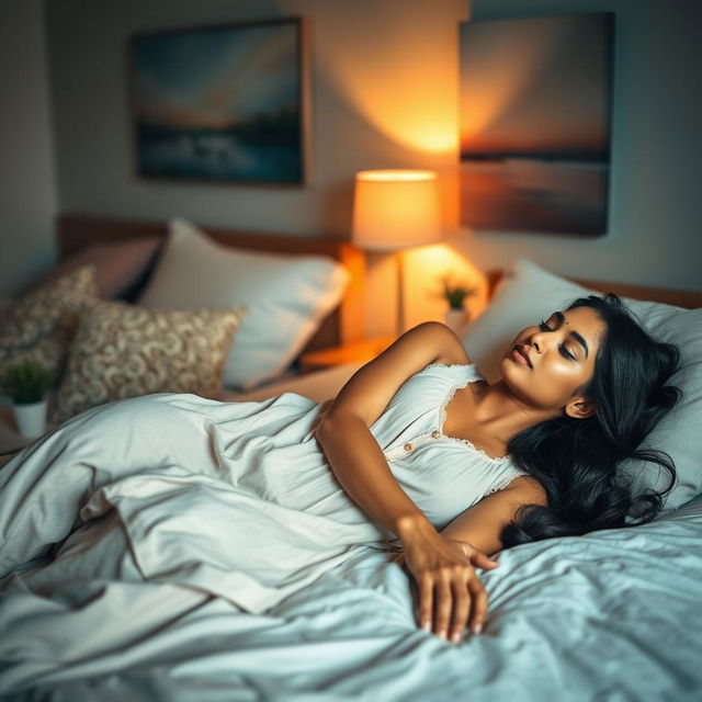 A young Indian woman relaxing in a cozy bedroom, lying on her side on a bed with soft, comfortable bedding