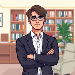 A pixel art depiction of a male psychologist standing confidently with his arms crossed