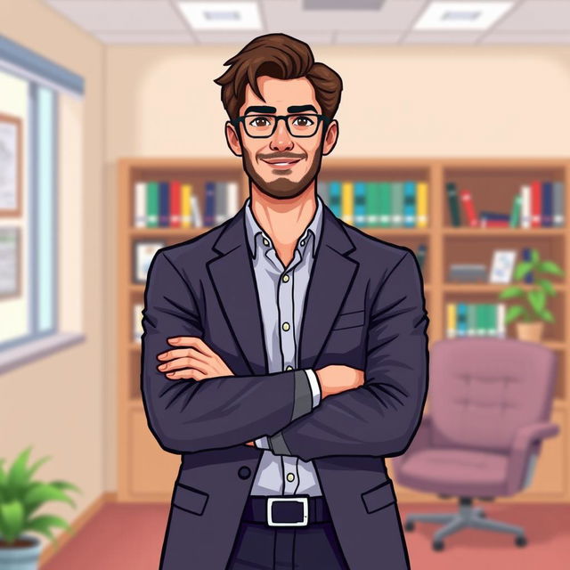 A pixel art depiction of a male psychologist standing confidently with his arms crossed