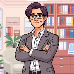 A pixel art depiction of a male psychologist standing confidently with his arms crossed