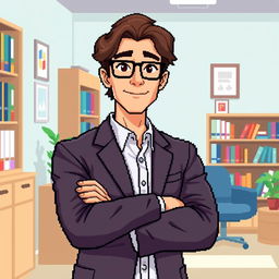 A pixel art depiction of a male psychologist standing confidently with his arms crossed