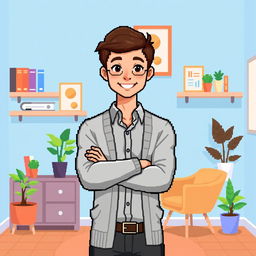 A pixel art illustration of a young male psychologist standing confidently with his arms crossed