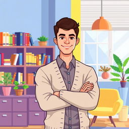 A pixel art illustration of a young male psychologist standing confidently with his arms crossed