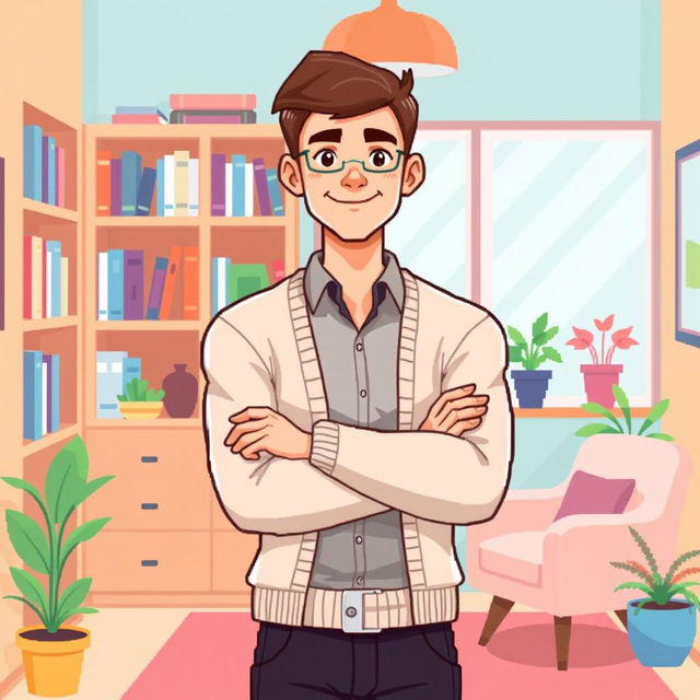 A pixel art illustration of a young male psychologist standing confidently with his arms crossed